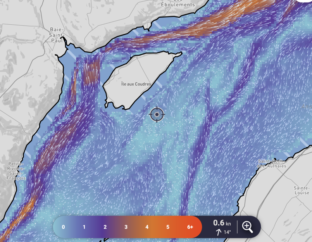 Les courants en temps réel de l'application Nautilo.
